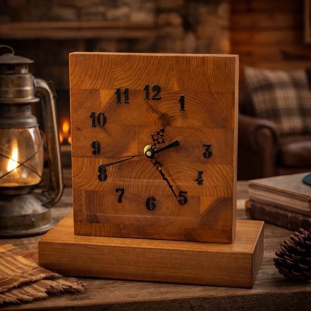 Rustic Handmade Butcher Block Wood Desk Clock Quartz‎ Farmhouse Lodge Decor